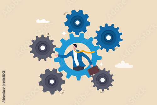 Process and workflow optimization, work improvement or increase productivity, efficiency or automation system, solve problem or solution concept, businessman on gear, cogwheels optimize process.