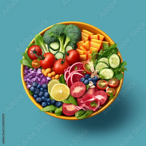 bowls of salad and vegetables in blue background