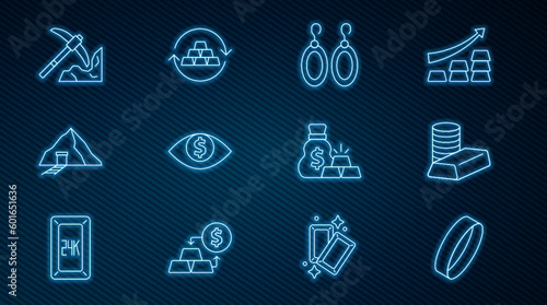 Set line Gold ring, coin with gold bars, Earrings, Eye dollar, mine, mining, Bag of and exchange money icon. Vector