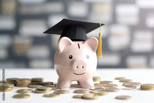 Piggy bank in graduation hat on coins. Savings for investment in education and scholarship concept. Generative AI