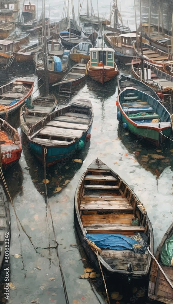 Close On Wooden Boats In A Harbor AI Generative
