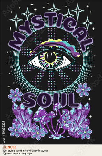 Poster with all seeing eye, mushrooms, stars, crystals of gemstones, flowers, editable text style. Concept of sacred spirit, magic, extended mind. Magic, mystical surreal illustration. Retro style