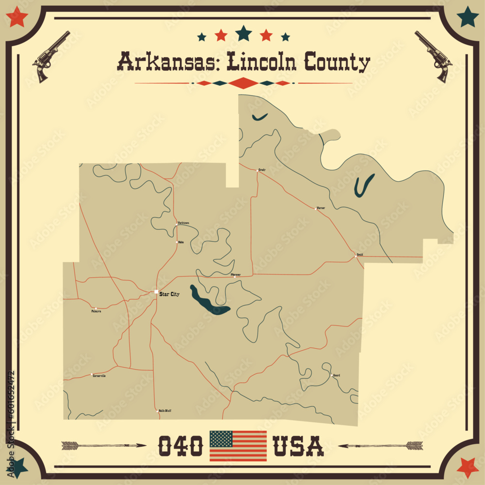 Large and accurate map of Lincoln County, Arkansas, USA with vintage colors.