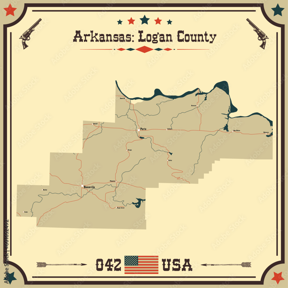 Large and accurate map of Logan County, Arkansas, USA with vintage colors.