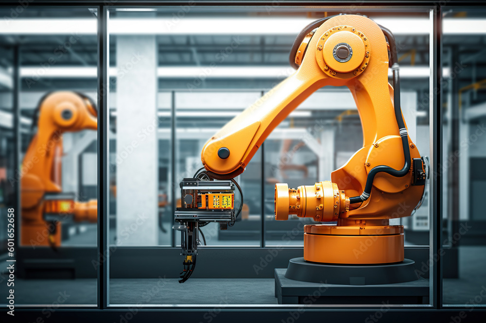 Smart Industrial Automation: Advanced Robotic Arm in Modern Factory. created with Generative AI Smart Industrial Automation: Advanced Robotic Arm in Modern Factory. created with Generative AI