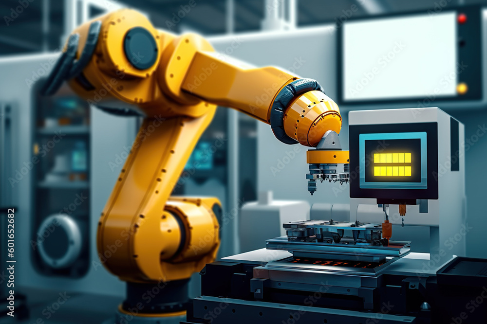 Smart Industrial Automation: Advanced Robotic Arm in Modern Factory. created with Generative AI Smart Industrial Automation: Advanced Robotic Arm in Modern Factory. created with Generative AI