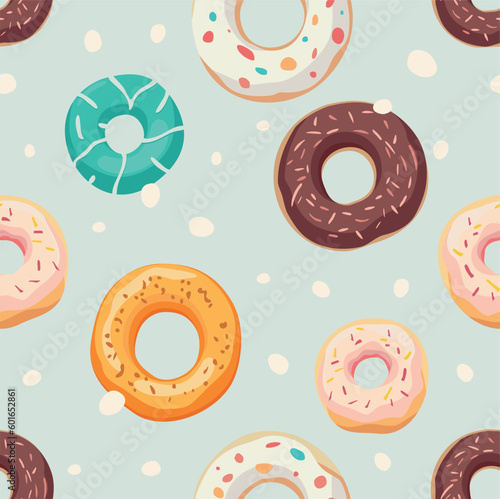 Seamless pattern with donuts of different flavors.