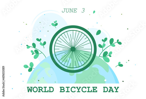 Bicycle wheel on the background of planet Earth and green plants. Go Green environmental conservation concept. Vector illustration for web, banner, poster, landing page, social media, etc