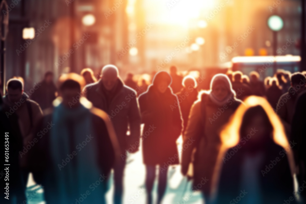 Dynamic Urban Life: Blurred Crowd in Fast-Moving City Streets with Soft Bokeh. created with Generative AI