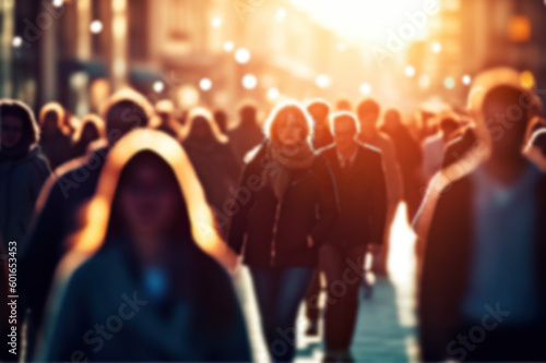 Dynamic Urban Life: Blurred Crowd in Fast-Moving City Streets with Soft Bokeh. created with Generative AI
