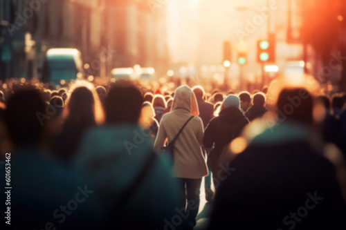 Dynamic Urban Life: Blurred Crowd in Fast-Moving City Streets with Soft Bokeh. created with Generative AI