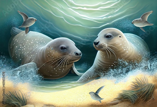Canvastavla Playful Seals Bring Energy to Peaceful Beach Scene with Sparkling Water and Sand