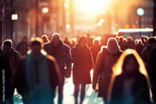 Dynamic Urban Life: Blurred Crowd in Fast-Moving City Streets with Soft Bokeh. created with Generative AI © photobuay