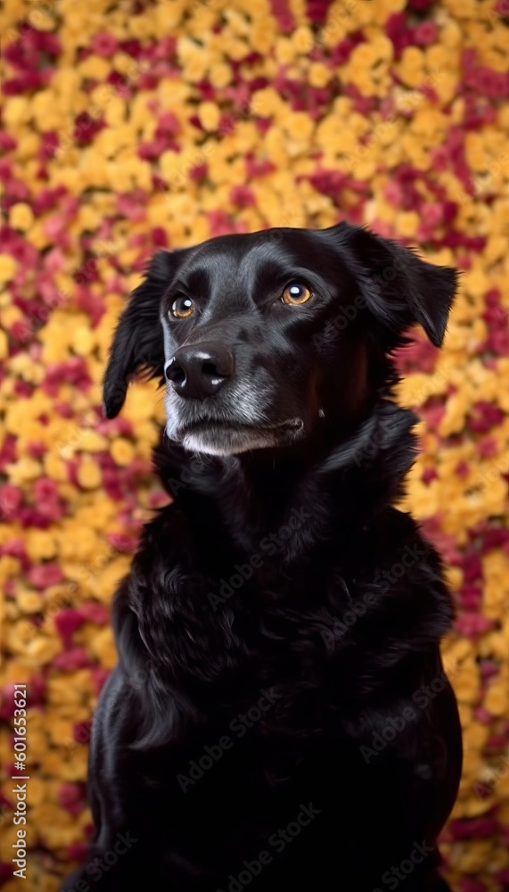 Black dog in a sea of flowers.generative ai
