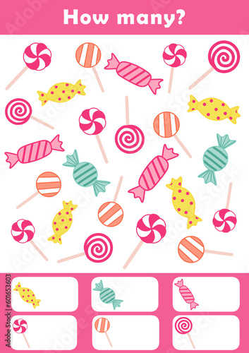 Counting children game cartoon. I spy game for toddlers. Find and count the candies. Counting educational activity for children and kids. Find and count objects worksheet.