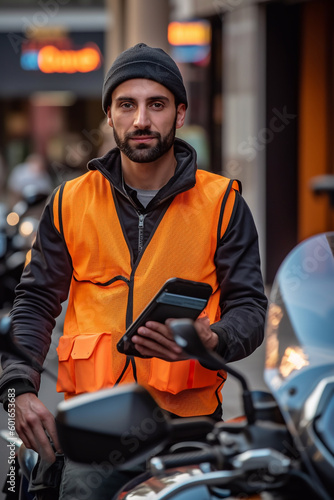 A food delivery man on a motorcycle, wearing reflective vest, holds a smartphone in the hand - ai generative