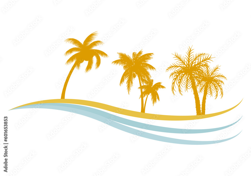 Icono de playa con palmeras y mar de verano.