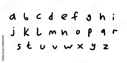 Fun characters black english latin abc alphabet font A to Z. Vector illustration in handmade doodle, handwritten doodle style isolated on white background. For wedding invitation, card, learning.