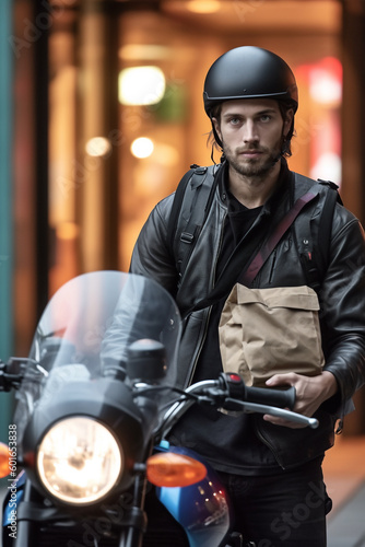 A food delivery man on a motorcycle, wearing a helmet and holds a food bag in the hand - ai generative