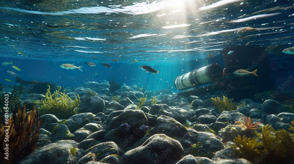 Fototapeta premium Ocean pollution caused by plastic water bottles. Environmental concept. Generative AI