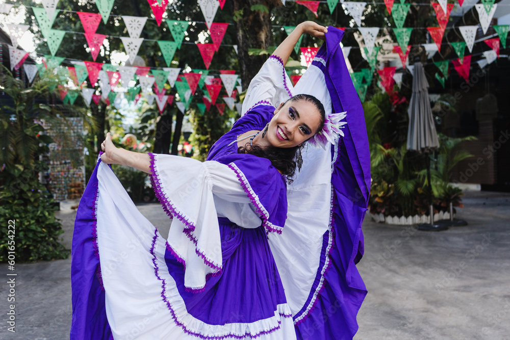 Latin Woman in Traditional Mexican Dress Dancing at parade or cultural Festival in Mexico Latin America, hispanic people in independence day