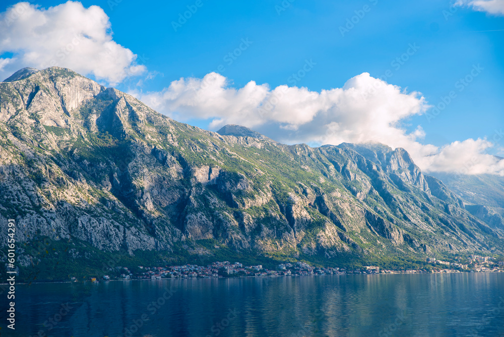 View of the Bay of Kotor, mountains on a cloudy day. Landscape in Montenegro.