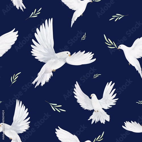 Seamless pattern with white doves and olive branches symbolizing peace love union freedom. Hand drawn watercolor illustration for textile, wrapping paper, scrapbooking, fabric for curtains, dress on