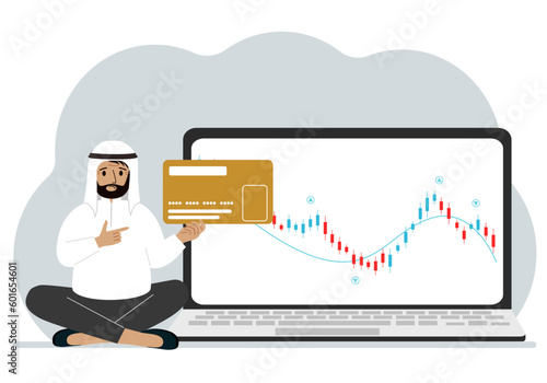 A laptop with a promo page of stock trading or trading on the stock exchange next to a man holding a plastic card. Financial chart for buying and selling in the stock market. Vector flat illustration