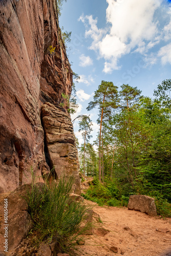 Red Rock Wall next to Hiking Trail in Rockland of Dahn, Rhineland-Palatinate, Germany, Europe
