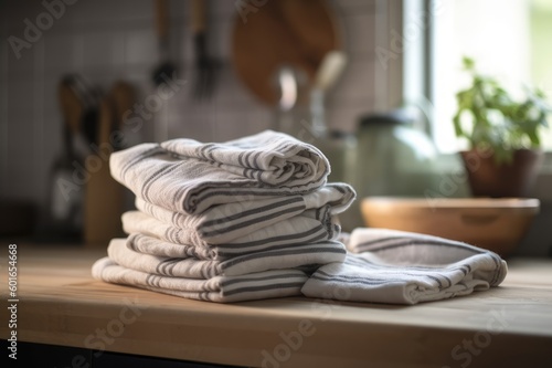 Stack of kitchen towels, dish towels, tea towels on a kitchen counter, kitchen worktop