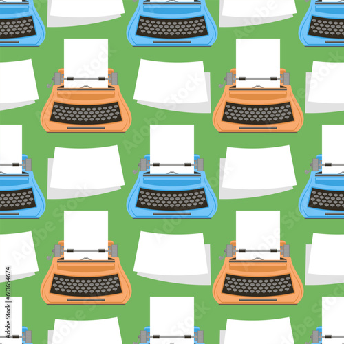 Vector Typewriter Icon Isolated on Green Background. Seamless Pattern.