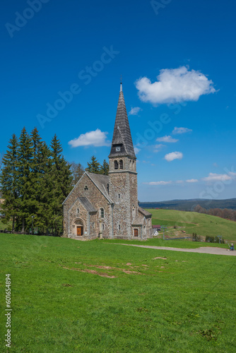 Picturesque Neo-Romanesque church in Zieleniec Duszniki Zdroj in the Orlickie Mountains, Poland