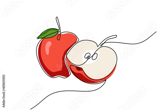 Apple continuous one line drawing, fruit vector illustration.