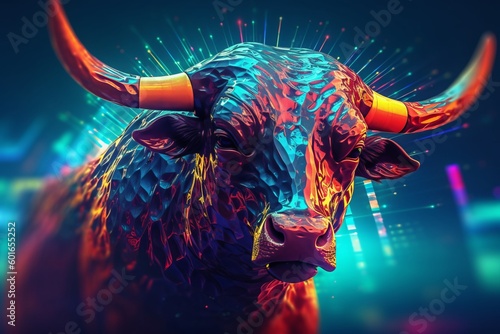 Angry bull from the stock market with digital background.generative ai
