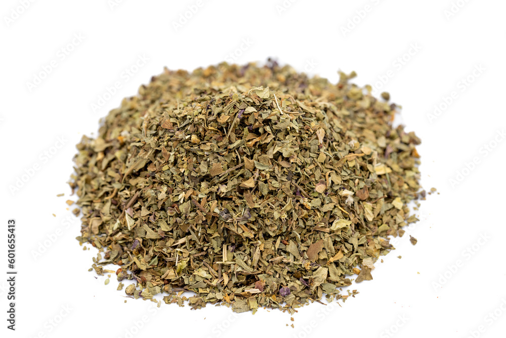 Dried crushed basil isolated on white background. Dried ground basil powderl. Spice concept Dried crushed basil isolated on white background. Dried ground basil powderl. Spice concept