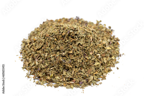 Dried crushed basil isolated on white background. Dried ground basil powderl. Spice concept