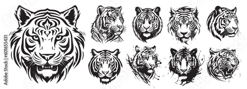 Tiger heads black and white vector. Silhouette svg shapes of tigers illustration.