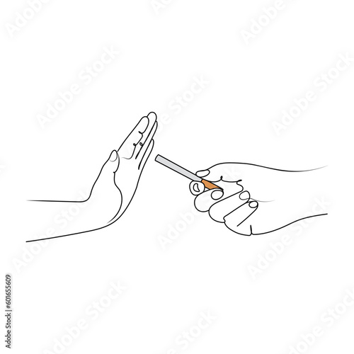 Stop smoking concept. No tobacco, cigarettes. Line art drawing. Hand drawn vector illustration.