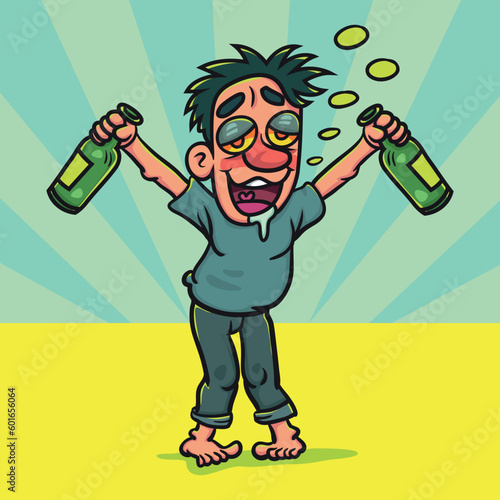 Cartoon Drunk man holding bottle. Illustration cartoon for background or postcard, poster, t shirt, ceramic mug, vector stock.  

