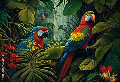 Vibrant Macaws in an Otherworldly Jungle: A Lush and Exotic Scene of Dense Foliage and Lush Vegetation, generative AI © Michael