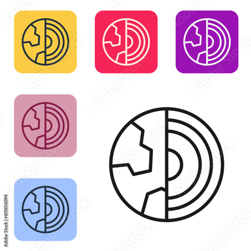Black line Earth core structure crust icon isolated on white background. Set icons in color square buttons. Vector