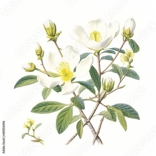 A drawing of a white flower with yellow leaves, botanical illustration Generative AI © Ekaterina