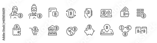 Bitcoin virtual currency exchange and p2p transactions. Crypto wallet. Modern financial products. Pixel perfect, editable stroke line icons set