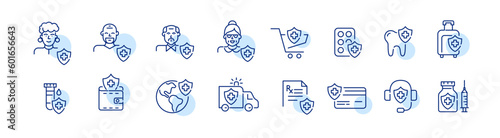 Older people with healthcare plan. Shopping for medical insurance. Policy, dental and ambulance services. Pixel perfect, editable stroke line design icons set