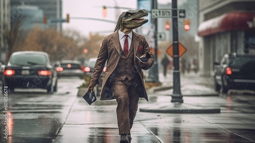 A man in a suit with a dinosaur head walking down a street. AI