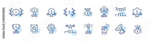 Awards, winner podium, winner medal and laurel bush. Success or competition symbols. Pixel perfect, editable stroke icons set