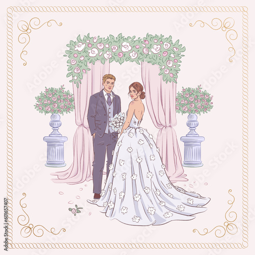 Elegant square banner, poster, cover or greeting card template with hand drawn wedding couple background. Vector illustration of beautiful bride and groom