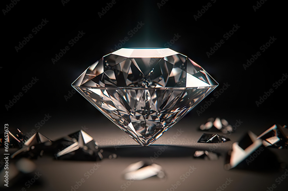 Glimmering Brilliance: Close-Up of a Captivating Shiny Diamond Against a Dramatic Black Background, created with Generative AI Glimmering Brilliance: Close-Up of a Captivating Shiny Diamond Against a Dramatic Black Background, created with Generative AI