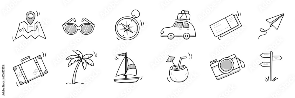 Summer travel vacation drawn icon set. Hand drawn sketch doodle style summer trip, vacation icon. Camera, travel bag, palm doodle element. Funny tourism vector illustration. Summer travel vacation drawn icon set. Hand drawn sketch doodle style summer trip, vacation icon. Camera, travel bag, palm doodle element. Funny tourism vector illustration.