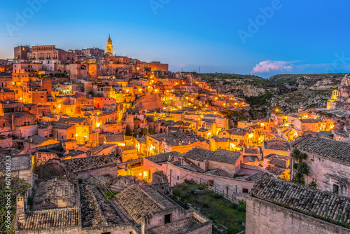 Scenic view of the city of Matera in Apulia in Italy by night